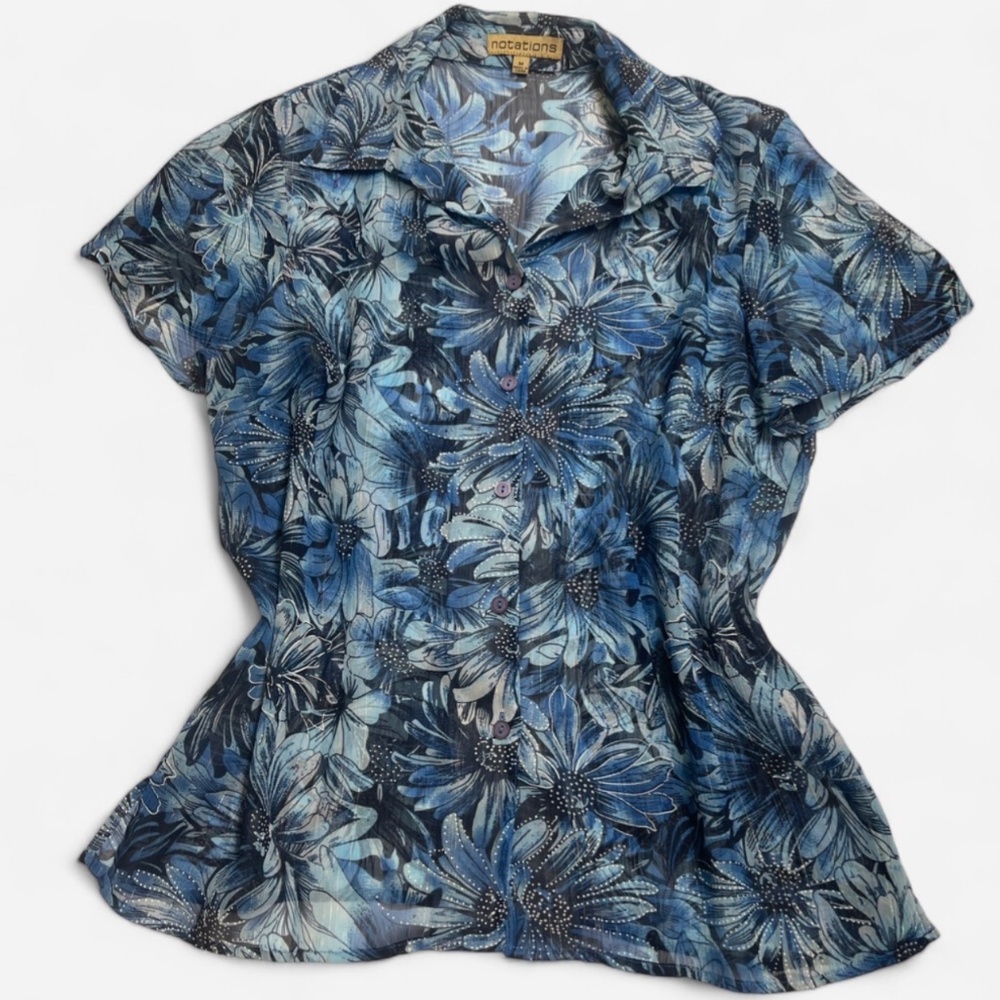 Notations Blue Sheer Floral 90s 00s Spring Blouse w Button-Up Front Short Sleeve